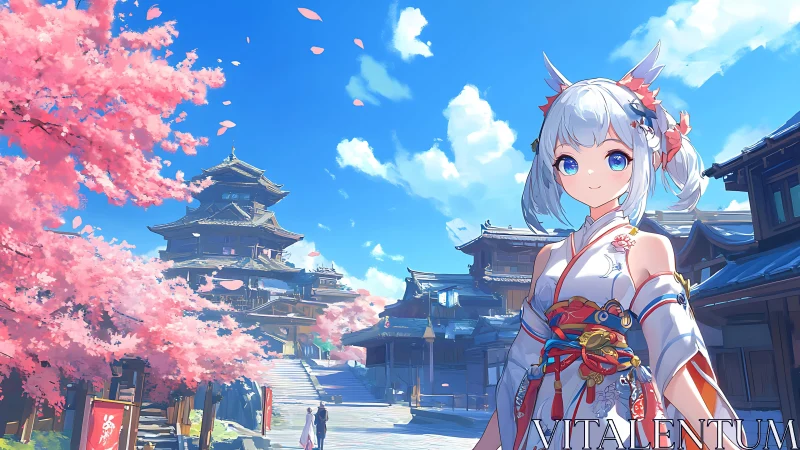 Kimono-clad anime heroine under luminous sakura canopy.