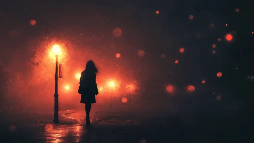 Midnight stroll beneath ember streetlights on a misty road.