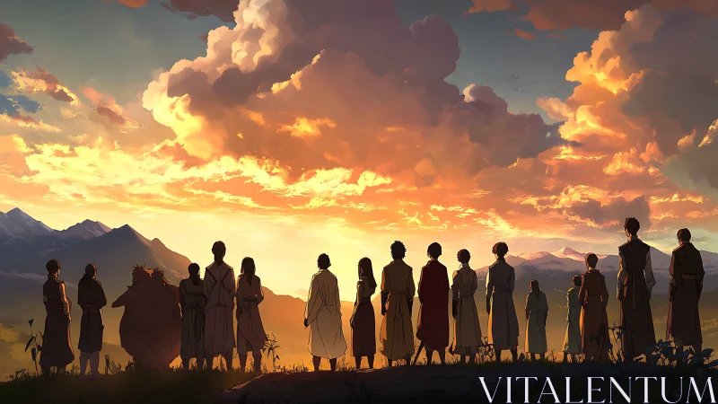 Silhouetted travelers watch a blazing mountain sunset sky.