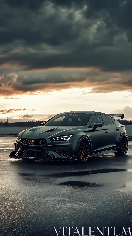 Track-tuned matte green sports hatch waits under stormy skies