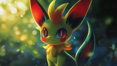 Cute foxlike creature in glowing forest background scene.