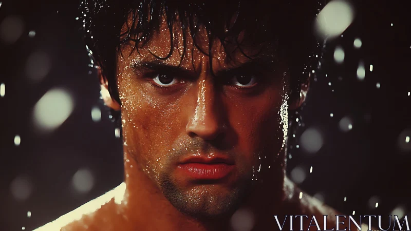 Intense wet male portrait under dramatic falling water.