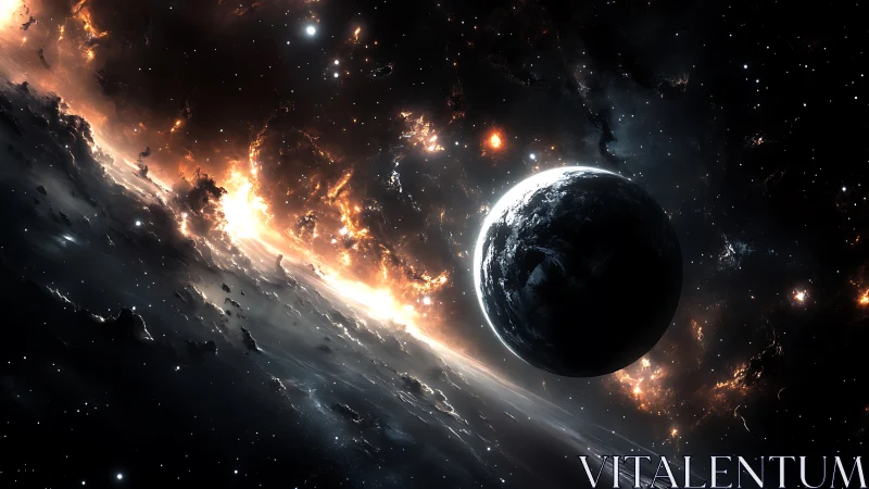 Dark exoplanet intersects a luminous nebular shockwave in space