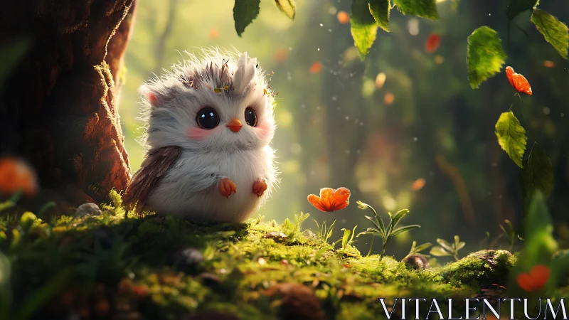 Adorable Fluffy Owl Chick in Enchanted Forest, Whimsical Art.