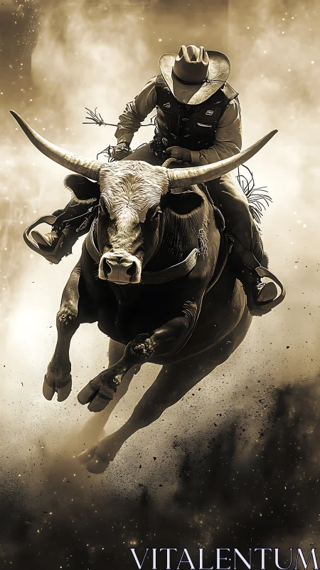 Bull rider explodes through dust in dramatic sepia scene.