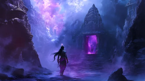Solitary figure approaches luminous portal in rocky temple ravine