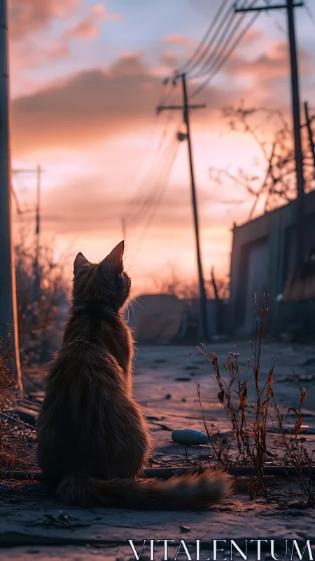 Midnight Wanderer: Cat Contemplating Industrial Twilight.