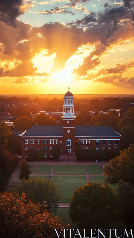 Sunset rays over neoclassical brick campus hall and cupola tower