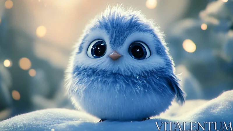Cute fluffy blue bird in winter snow, cartoon style illustration.