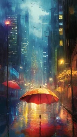 Lone crimson umbrella in neon soaked rainy night cityscape.
