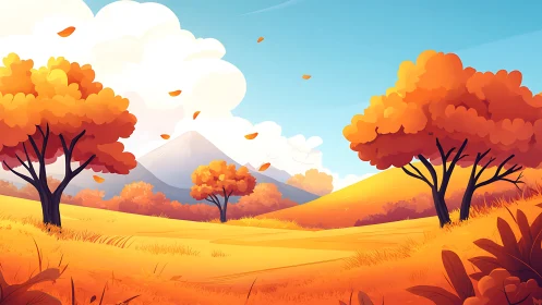 Vibrant stylized autumn valley with distant mountain peak