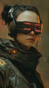 Cyberpunk woman wears heavy headset and red visor display