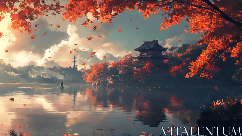 Digital painting of autumnal lakeside pagoda in warm haze.