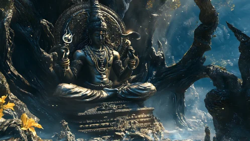 Mythic bronze deity in luminous forest shrine composition.