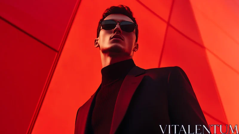 Low-angle portrait isolates subject against geometric red facade