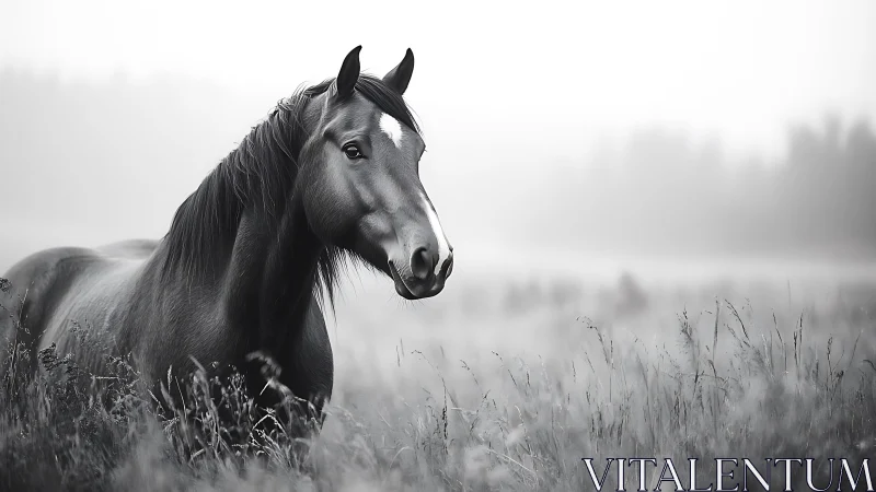 Majestic horse stands calmly in a misty monochrome meadow