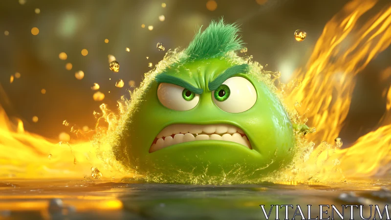 Furious green blob erupts through glowing liquid flames.