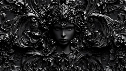 Monochrome female bust integrated into ornate baroque relief
