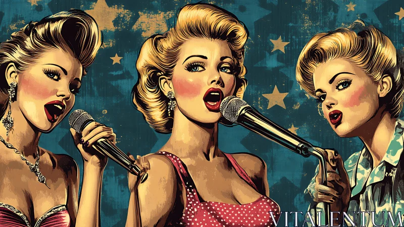 Retro pop-art triptych of stylized vintage vocalists performing.