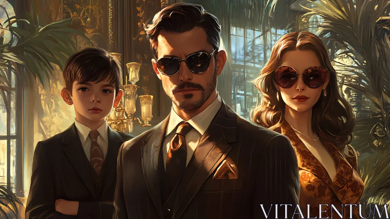 Elegant family in golden-toned conservatory exudes cool power