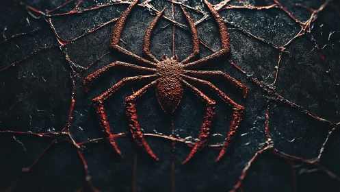 Bold red spider emblem glows against cracked dark stone