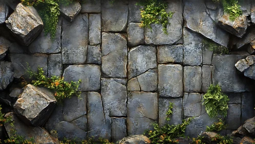 Weathered stone wall with creeping green foliage accents.