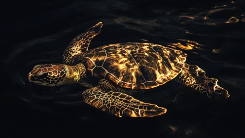 Glowing sea turtle drifting gently through dark waters.