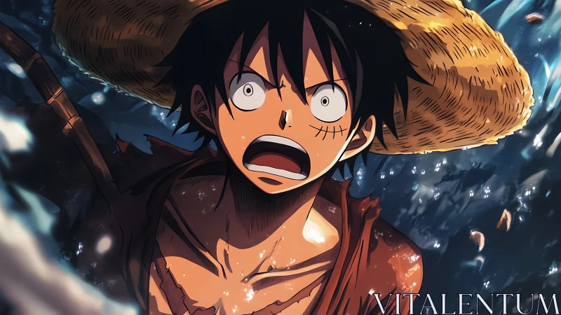 Straw hat anime boy shouting amid turbulent blue water.