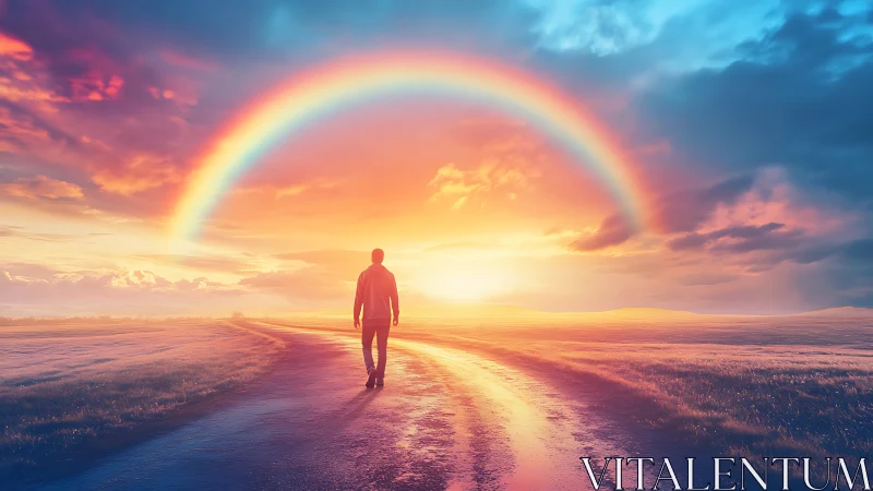 Digital painting of lone figure under radiant rainbow horizon.