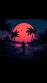Neon tropical silhouette under oversized crimson moonscape.