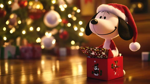 Cartoon dog toy in Christmas gift box by tree lights.