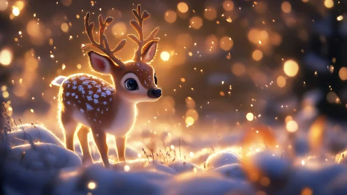 Snow-dusted baby reindeer glows in golden winter sparkles.