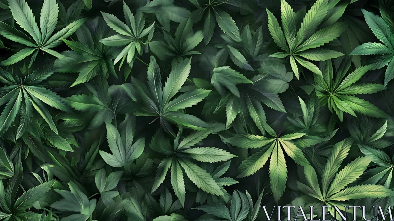 Cannabis leaves form dense layered pattern in rich green tones