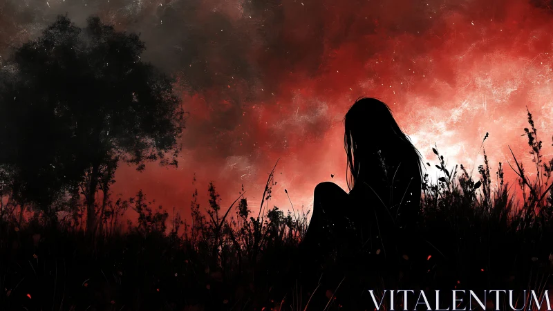 Silhouette of lone figure in field under red storm sky.