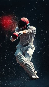 Cricketer mid air executing power shot with dynamic particle burst