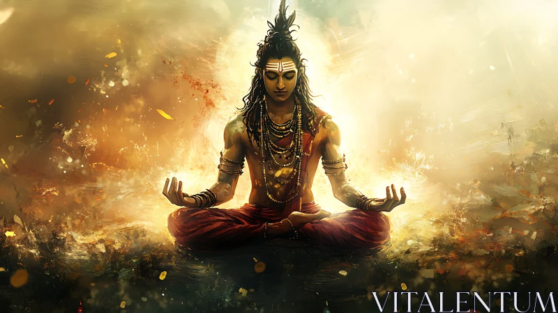 Meditating ascetic figure in glowing spiritual landscape.