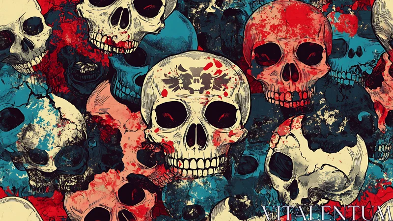 Skull cluster mural in grunge red and cyan splatter style.