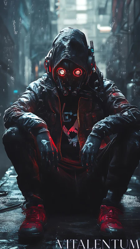 Hooded masked figure in wet neon alleyway environment.