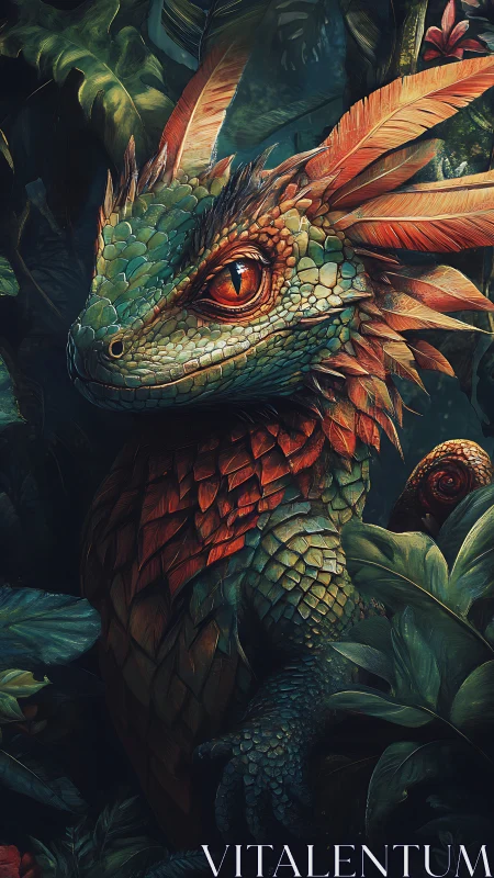 Fantasy reptilian creature stands in dense tropical foliage