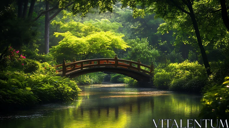 Sunlit garden bridge over calm reflective waterway.