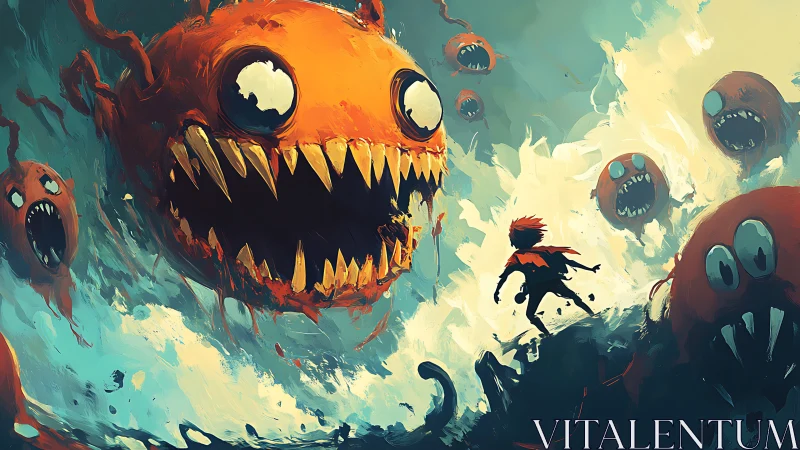 Dynamic digital painting of child vs colossal orange monsters.