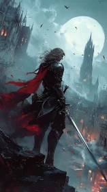 Vampiric greatsword knight over burning neo‑gothic citadel