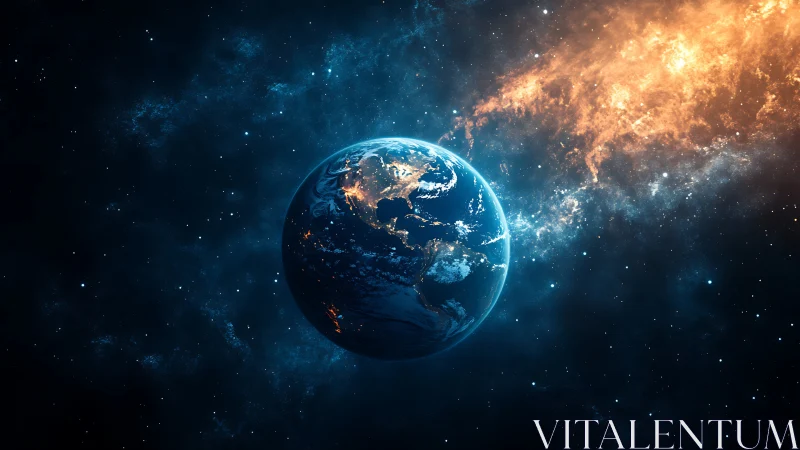 Glowing blue Earth drifting gently through cosmic night.