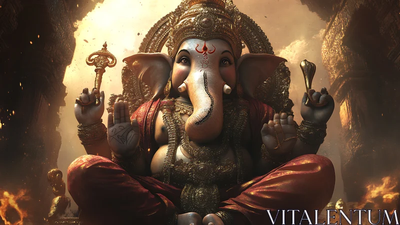 Majestic 3D rendering of seated Ganesha in glowing shrine.