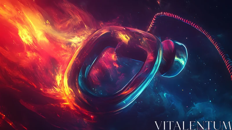 Neon glassy ring shape floats amid swirling fire and nebula