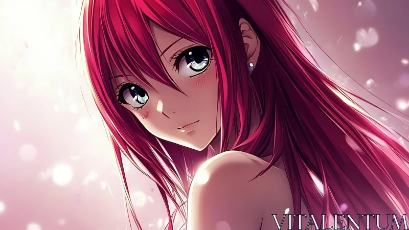 Crimson haired anime girl in soft bokeh light portrait.