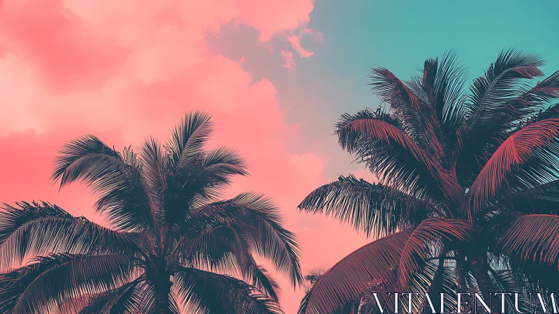 Palm tree silhouettes under gradient sky at sunset.