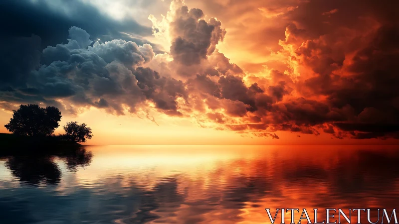 Stormlit sunset clouds glowing over a glassy quiet lake.