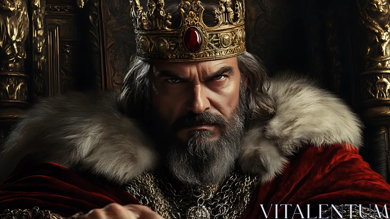 Regal medieval king portrait in crimson velvet and fur robes