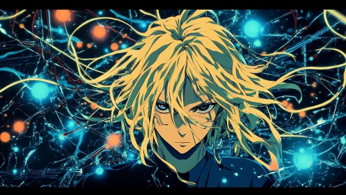 Cybernetic anime portrait with luminous neural data streams